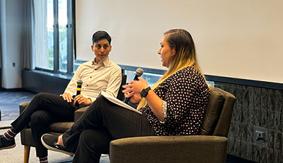 speaker Dr. Manno and Kelsey Creamer in  conversation